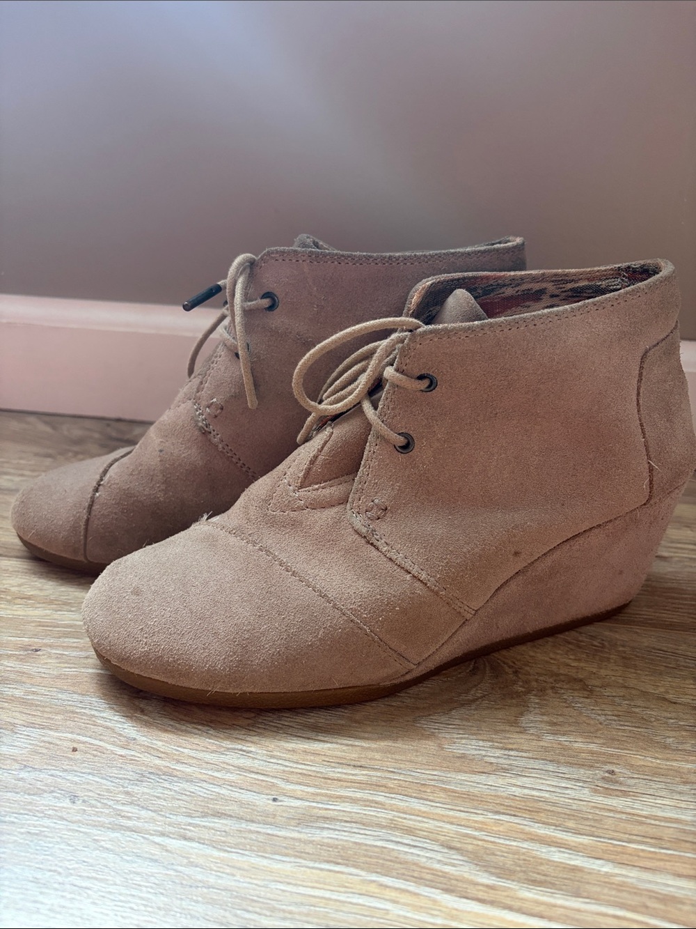 Toms Lace-Up Suede Wedge Ankle Boots in Blush Taupe